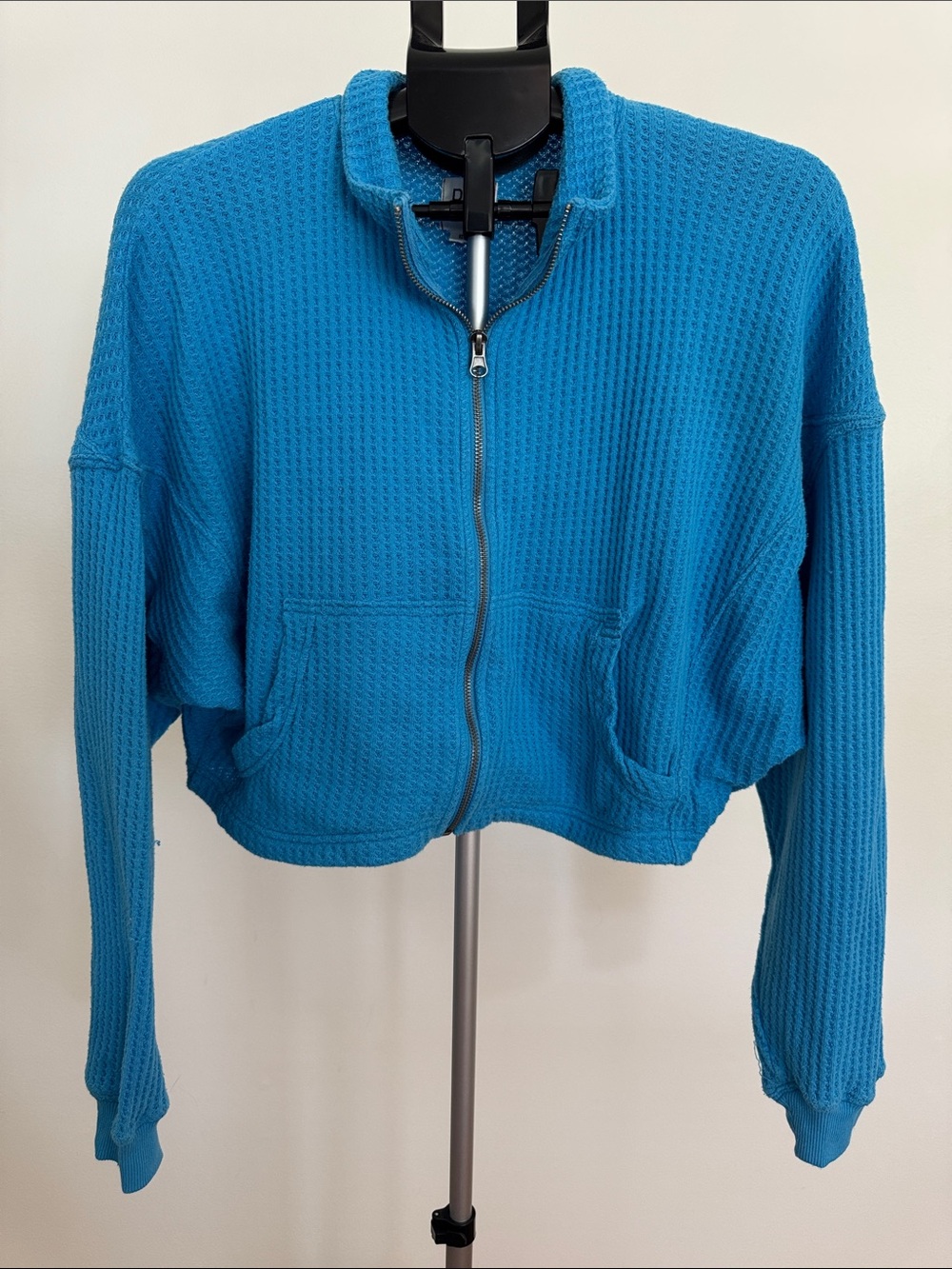 BDG Teal Blue Waffle Knit Zip-Up Jacket